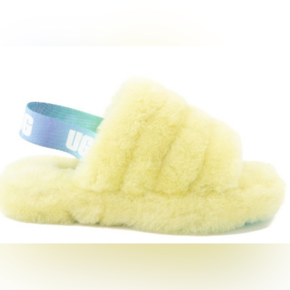 UGG Yellow Fluffy Slippers with Blue-Green Strap